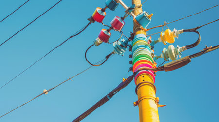An electricity pole with colorful insulators and wires against a clear blue sky, highlighting the technical details and vibrant componentsの素材