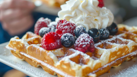 A tray of golden and crispy Belgian waffles topped with fresh berries and whipped cream, representing the worldwide love for indulgent breakfast and brunch treatsの素材