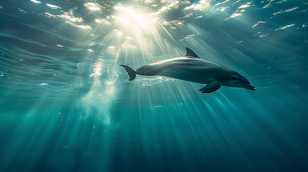 An underwater photographer capturing the elegance of a dolphin swimming gracefully beneath the surface, its streamlined form illuminated by sunlight filtering through the waterの素材