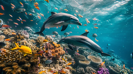 An underwater view of a dolphin pod swimming among schools of colorful fish, their synchronized movements adding life and energy to the coral reef ecosystemの素材