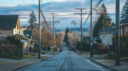 A suburban neighborhood with neatly aligned electricity poles and well-maintained power lines, showing the integration of infrastructure into daily lifeの素材