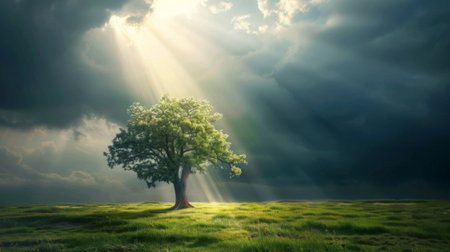 A solitary tree in a field with rays of sunlight breaking through stormy clouds, symbolizing resilience and hopeの素材