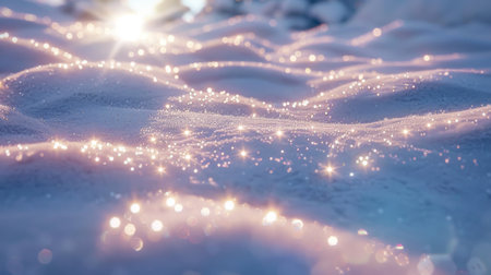 A snow-covered landscape with beams of sunlight creating sparkling reflections on the snow, evoking a sense of winter wonderlandの素材