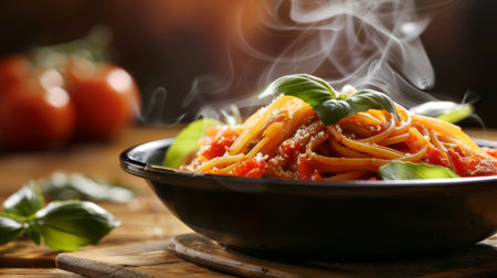 A steaming bowl of traditional Italian pasta adorned with rich tomato sauce and fresh basil leaves, epitomizing the worldwide love for Italian foodの素材