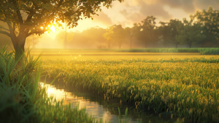 A tranquil scene of a rice field at sunset, with the golden glow of the evening sun casting a warm hue over the ripening cropの素材