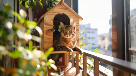 A wooden cat house with a rooftop perch, placed on a sunny balcony, with a cat basking in the sunlightの素材