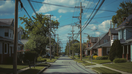 A suburban neighborhood with neatly aligned electricity poles and well-maintained power lines, showing the integration of infrastructure into daily lifeの素材