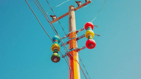 An electricity pole with colorful insulators and wires against a clear blue sky, highlighting the technical details and vibrant componentsの素材