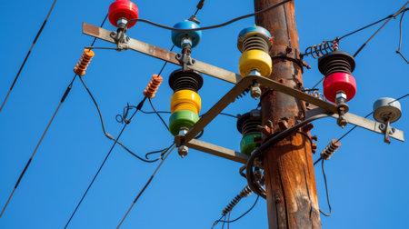 An electricity pole with colorful insulators and wires against a clear blue sky, highlighting the technical details and vibrant componentsの素材