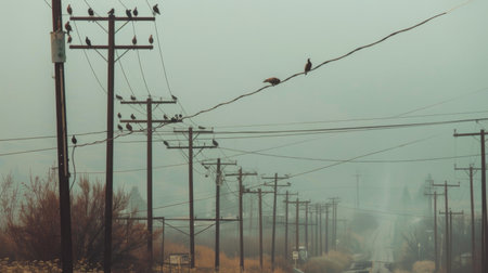 Electricity poles with birds perched on the wires, capturing a moment of nature interacting with man-made structuresの素材