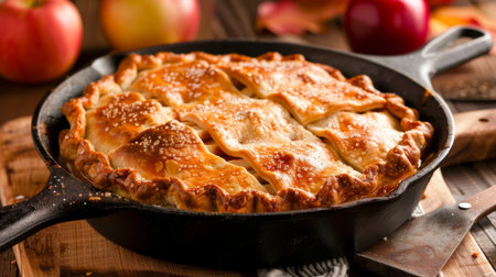 A traditional cast iron skillet filled with a rustic apple pie, fresh out of the oven, with a golden crust and inviting aroma evoking home-cooked goodnessの素材