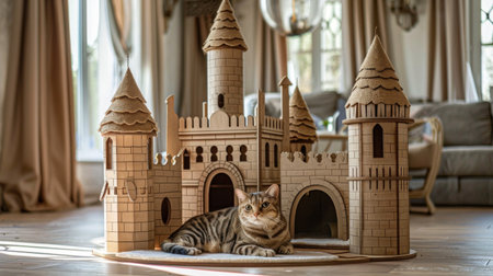 A whimsical, castle-themed cat house with turrets and towers, capturing a cat lounging regally inside, like feline royaltyの素材