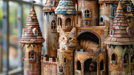 A whimsical, castle-themed cat house with turrets and towers, capturing a cat lounging regally inside, like feline royaltyの素材