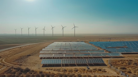 Solar panels and wind turbines on a vast field, representing renewable energy solutions to combat global warmingの素材