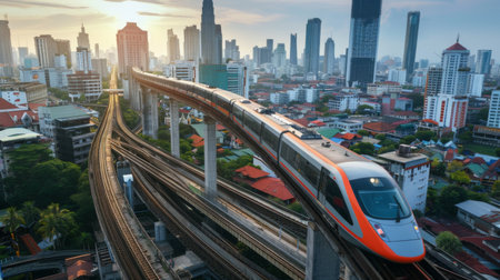 An aerial view of a high-speed train traveling on elevated tracks above a bustling cityscape, illustrating urban connectivityの素材