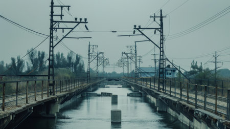 Electricity poles crossing a river via a bridge, highlighting the engineering feats required to maintain electrical connectionsの素材