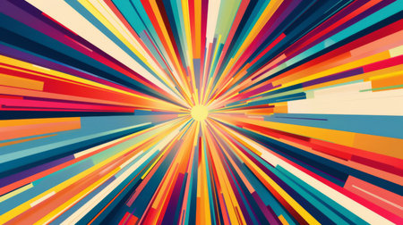 An abstract background with a burst of radial lines in vibrant colors, emanating from the center. The energetic design creates a sense of movement and excitementの素材