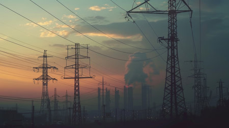 An industrial area with electricity poles and power lines crisscrossing the sky, emphasizing the role of power in industryの素材