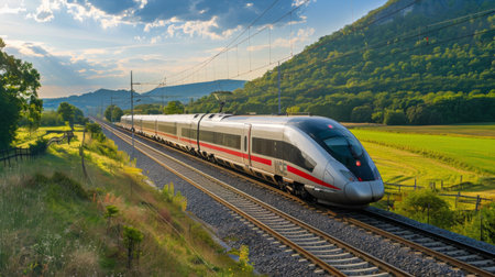 A sleek, modern high-speed train speeding through a picturesque countryside, showcasing advanced technology and efficient transportationの素材