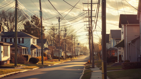 A suburban neighborhood with neatly aligned electricity poles and well-maintained power lines, showing the integration of infrastructure into daily lifeの素材