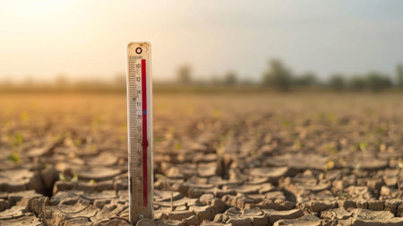 A thermometer showing an extremely high temperature against a background of a dry, barren field, emphasizing rising global temperaturesの素材