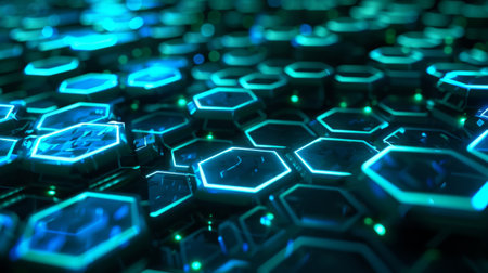 An abstract background of interconnected, glowing hexagons in shades of blue and green. The futuristic design evokes themes of technology, science, and innovationの素材