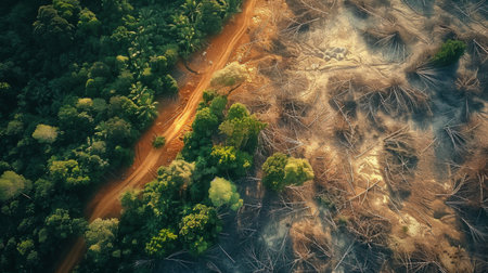 An aerial view of a large deforested area, showcasing the link between deforestation and global warmingの素材