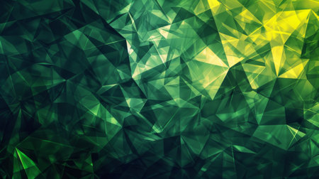 An abstract geometric background with sharp triangles and polygons in various shades of green and yellow. The shapes are layered to create depth and a sense of modernityの素材