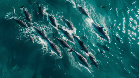 An aerial view of a dolphin pod swimming in formation, their synchronized movements creating mesmerizing patterns on the ocean's surfaceの素材