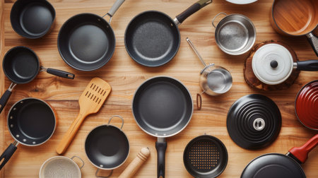An overhead shot of a variety of pots and pans of different sizes and materials, arranged aesthetically on a wooden kitchen counter, highlighting diversity in cookwareの素材