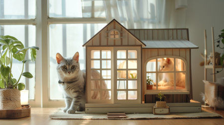 An indoor cat house designed to look like a miniature human house, complete with windows and a porch, with a cat sitting proudly insideの素材