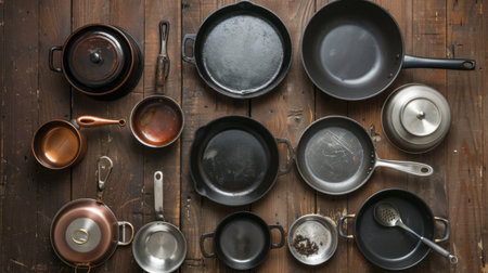 An overhead shot of a variety of pots and pans of different sizes and materials, arranged aesthetically on a wooden kitchen counter, highlighting diversity in cookwareの素材
