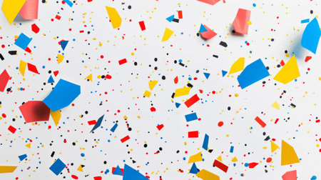An abstract background featuring colorful confetti-like shapes scattered across a white backdrop.の素材