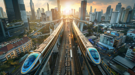 An aerial view of a high-speed train traveling on elevated tracks above a bustling cityscape, illustrating urban connectivityの素材