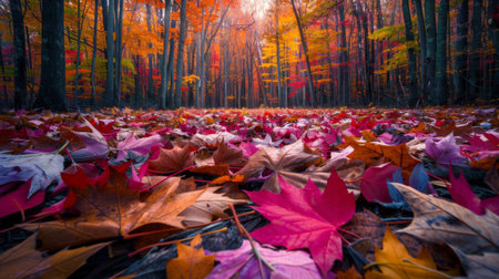 An autumn forest floor covered with a colorful carpet of fallen leaves in shades of red, orange, and yellow, capturing the beauty of the changing seasonsの素材
