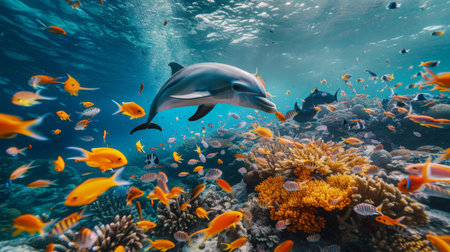 An underwater view of a dolphin pod swimming among schools of colorful fish, their synchronized movements adding life and energy to the coral reef ecosystemの素材