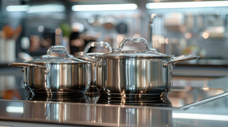 A set of gleaming stainless steel pots and pans on a kitchen island, reflecting the modern and sleek design of a contemporary kitchenの素材