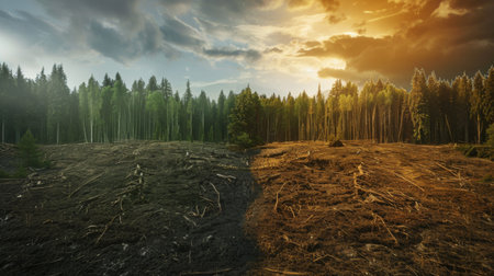 A time-lapse style image of a forest turning into a barren landscape, showing the progression of deforestation and global warmingの素材