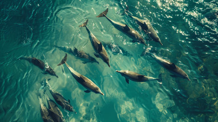 An aerial view of a dolphin pod swimming in formation, their synchronized movements creating mesmerizing patterns on the ocean's surfaceの素材