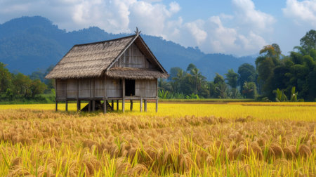 A traditional wooden rice barn standing amidst golden rice stalks, ready to store the harvest and ensure food security for the communityの素材