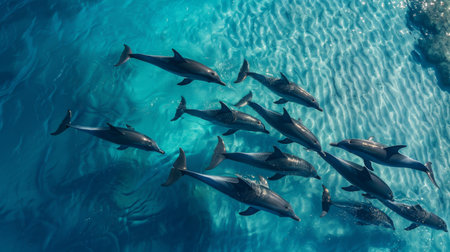 An aerial view of a dolphin pod swimming in formation, their synchronized movements creating mesmerizing patterns on the ocean's surfaceの素材
