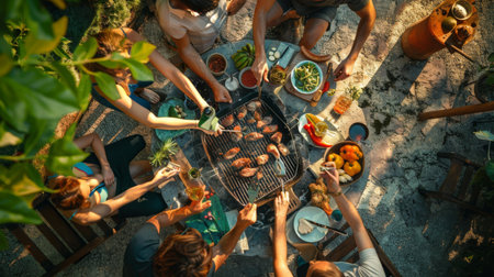 An outdoor barbecue scene with a grill pan sizzling with marinated meats and vegetables, surrounded by friends enjoying the cooking and camaraderieの素材