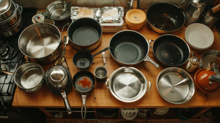 An overhead shot of a variety of pots and pans of different sizes and materials, arranged aesthetically on a wooden kitchen counter, highlighting diversity in cookwareの素材