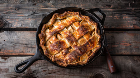 A traditional cast iron skillet filled with a rustic apple pie, fresh out of the oven, with a golden crust and inviting aroma evoking home-cooked goodnessの素材
