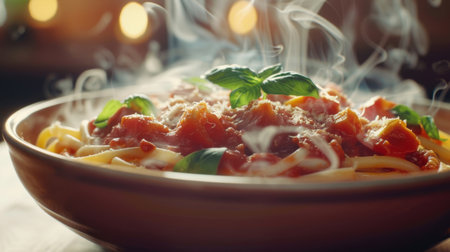 A steaming bowl of traditional Italian pasta adorned with rich tomato sauce and fresh basil leaves, epitomizing the worldwide love for Italian foodの素材