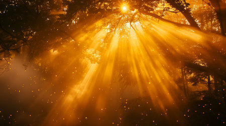 A sunrise scene with golden beams of light streaming through the branches of a dense forest, creating a magical and serene atmosphereの素材