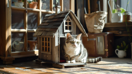 An indoor cat house designed to look like a miniature human house, complete with windows and a porch, with a cat sitting proudly insideの素材