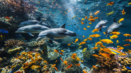 An underwater view of a dolphin pod swimming among schools of colorful fish, their synchronized movements adding life and energy to the coral reef ecosystemの素材