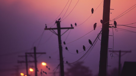 Electricity poles with birds perched on the wires, capturing a moment of nature interacting with man-made structuresの素材