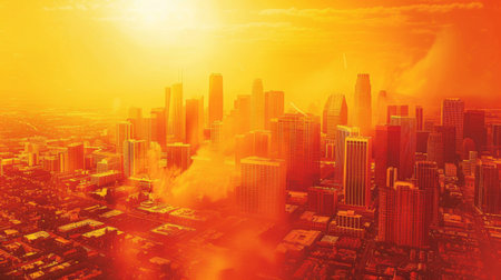 An urban heat island effect with a city surrounded by a heat map, illustrating higher temperatures in densely populated areas due to global warmingの素材